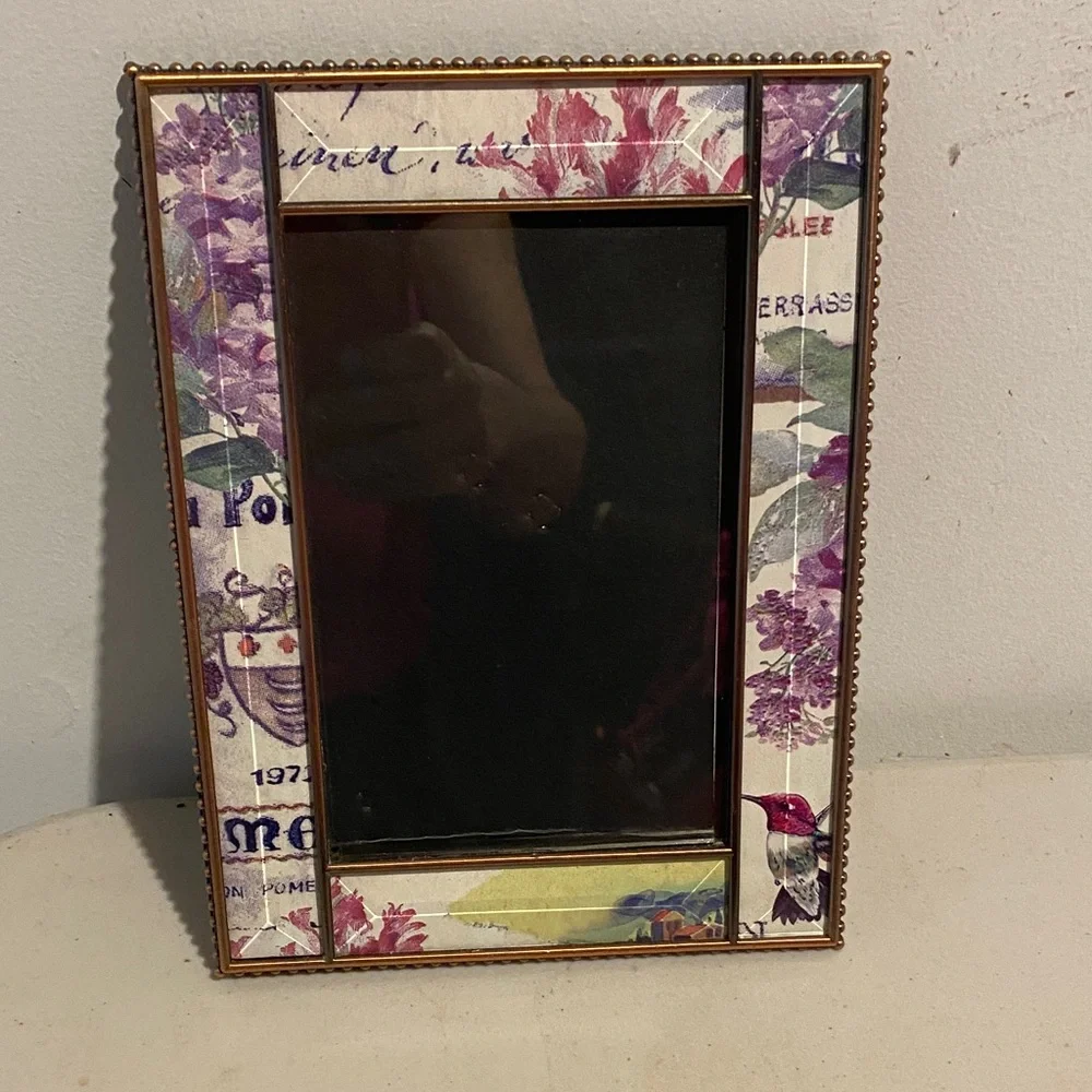 Pier 1 Floral Purple and Gold Picture Frame glass and copper. Gift 4x6